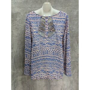 Ladder Cutout High Low Blouse Womens Large Geometric‎ Tribal Southwestern